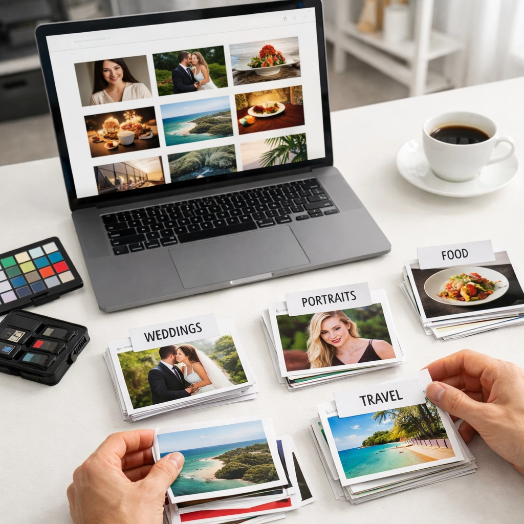 Organized portfolio galleries on laptop as photographer sorts prints to attract the right clients