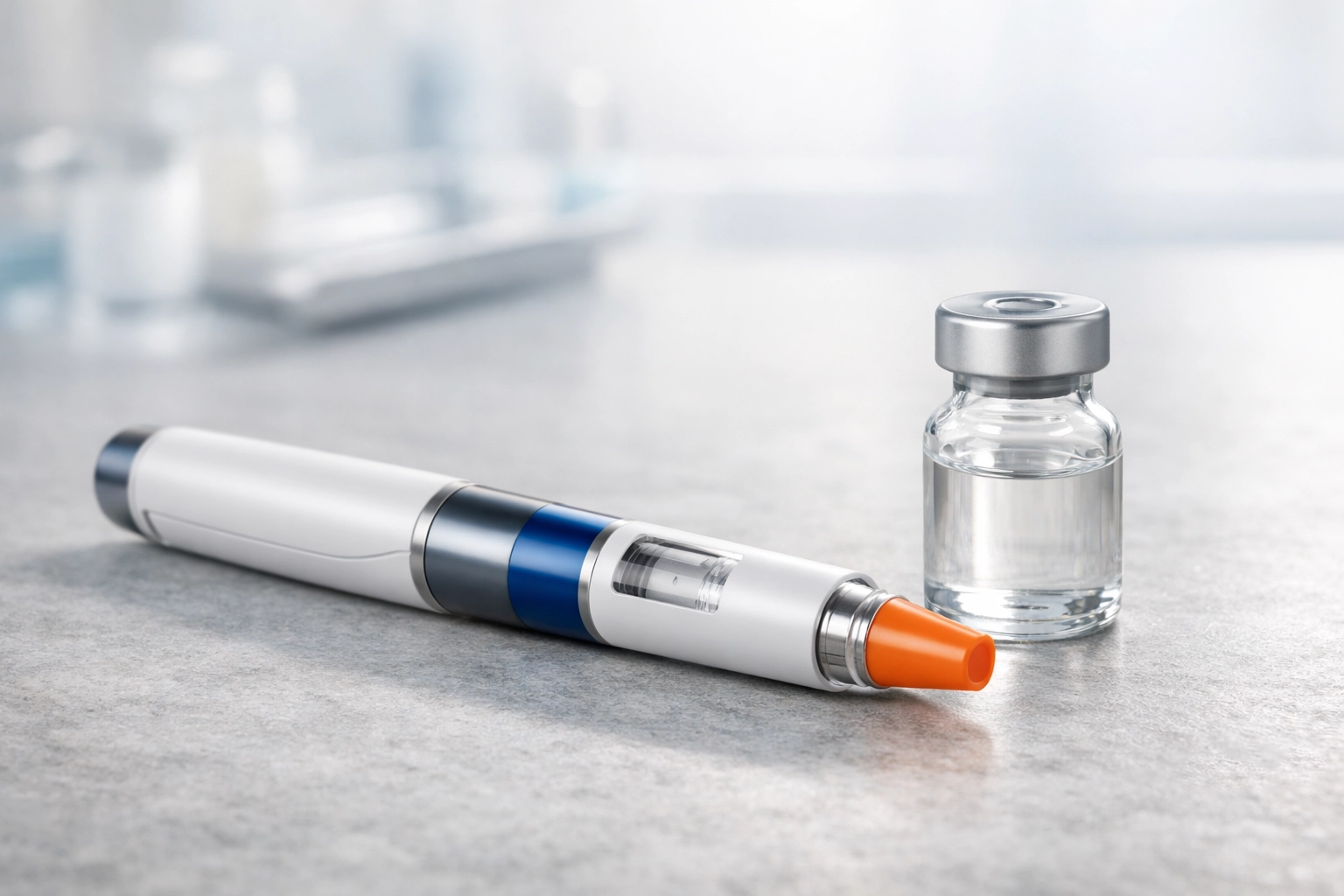 Professional medical weight loss supplies showing an injector pen and vial for alternative GLP-1 treatments.