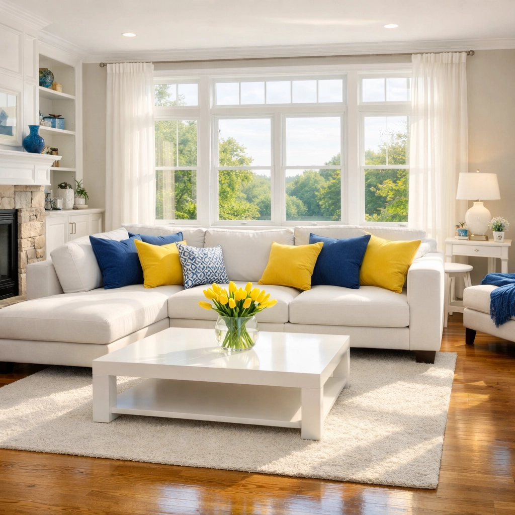 Pristine living room in Bedford after a weekly house cleaning reset by The Cleaning Ninjas Inc.