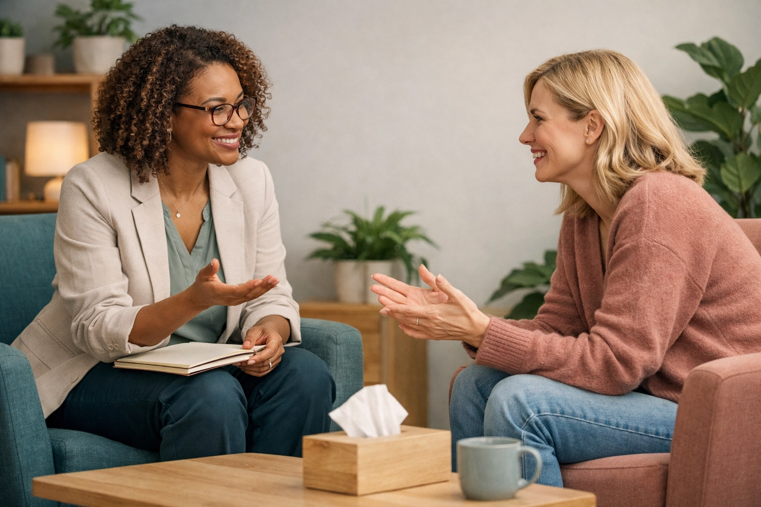 Empathetic therapist and client in a supportive conversation at a trans-affirming counseling center in Georgia.