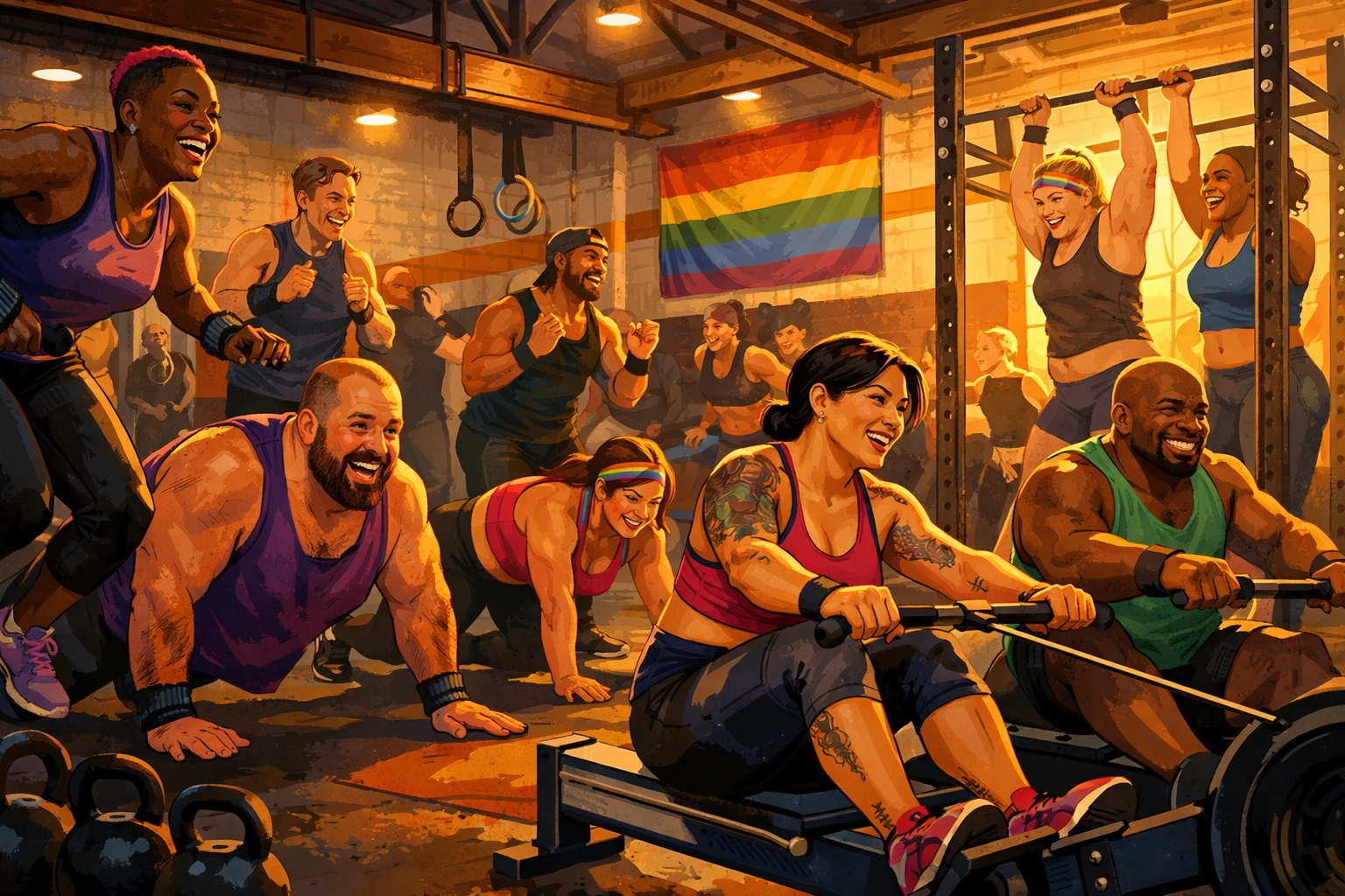 LGBTQ+ athletes training together in inclusive CrossFit box community workout