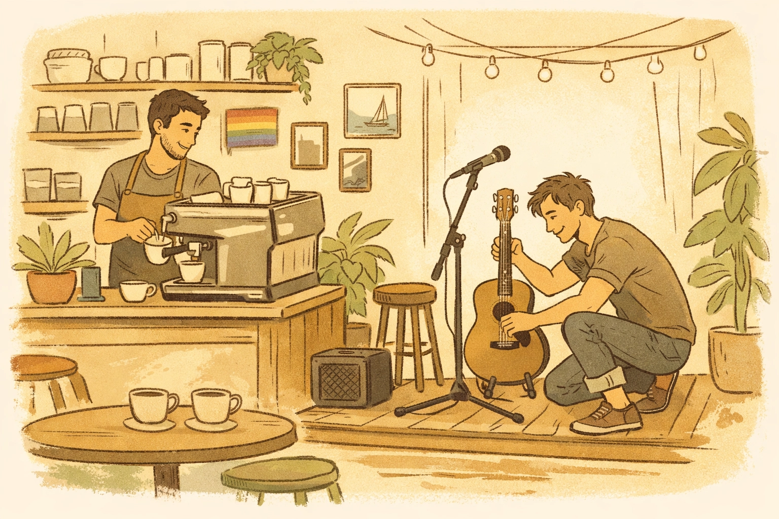 Gay couple opening LGBTQ+ café performance space Wellington - MM romance business partnership dreams