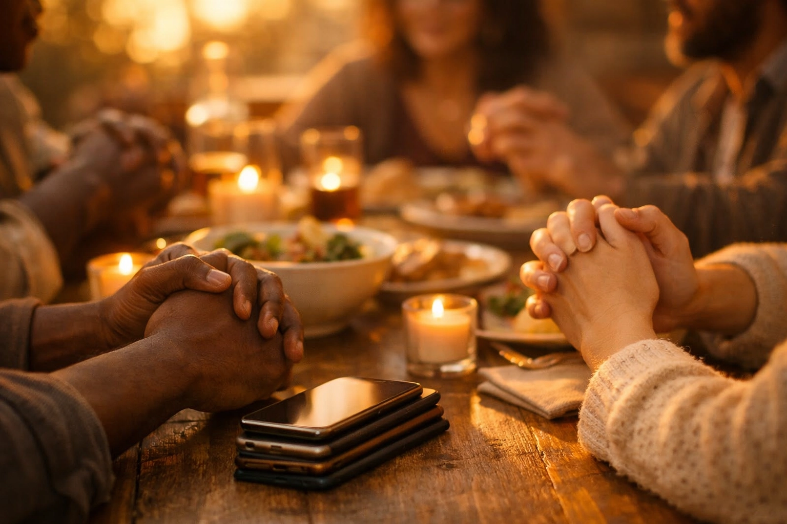 Diverse people in calm dinner conversation with phones aside showing peace from healthy news habits