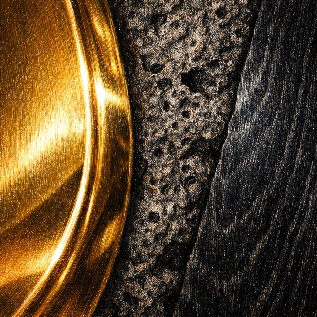 High-end luxury hotel textures showing gold finishes, volcanic lava stone, and dark ebony wood.