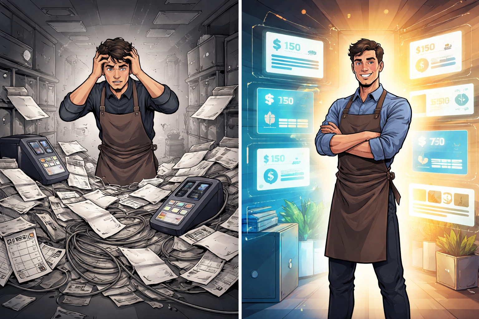 Split-screen showing a small business owner overwhelmed by paperwork contrasted with efficient crypto POS tools.