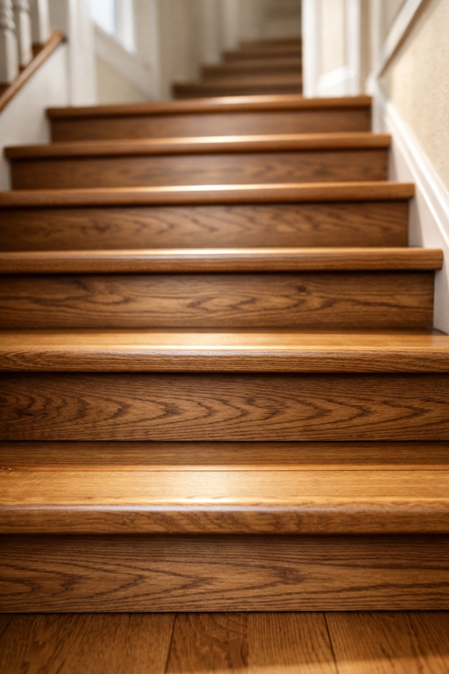Close-up of consistent, non-slip wooden stair treads and nosing to ensure a stable walking surface.