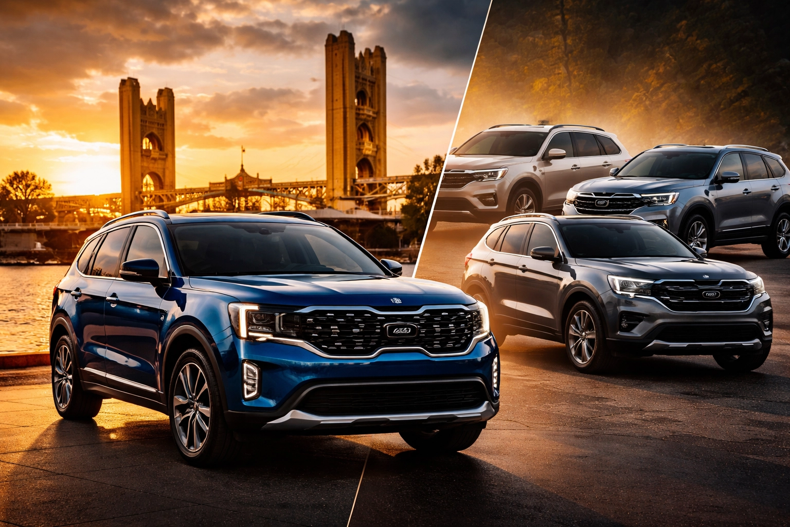 2025 Kia Telluride compared to Honda Pilot, Toyota Highlander, and Ford Explorer near Sacramento riverfront