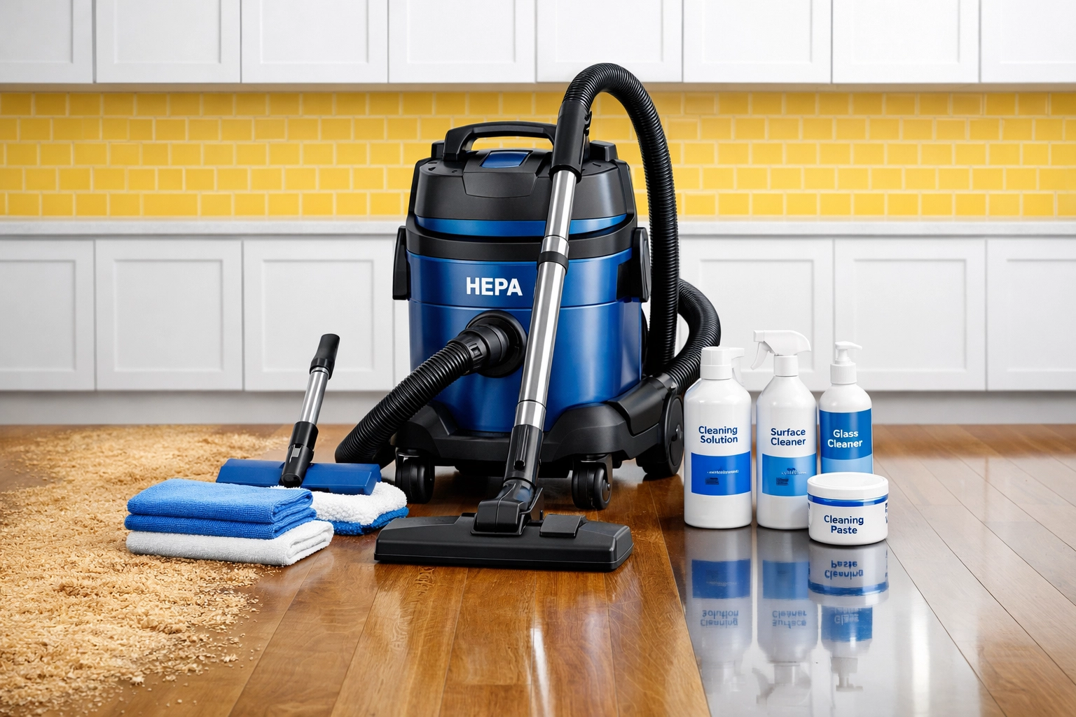 Industrial HEPA vacuum and specialized tools used for professional post-construction cleaning.