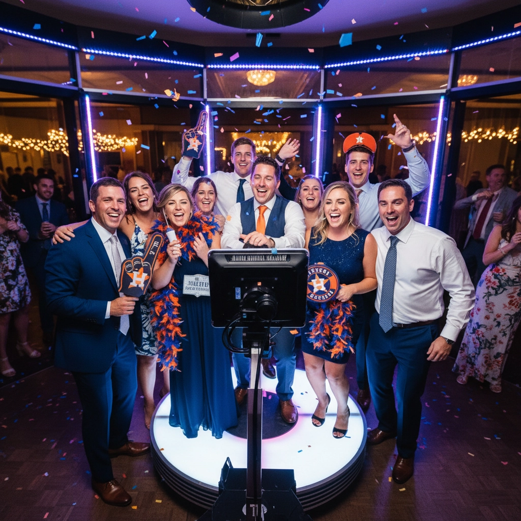 Group of people celebrating at a party, wearing formal attire and holding foam fingers and signs. Confetti falls in a brightly lit room.