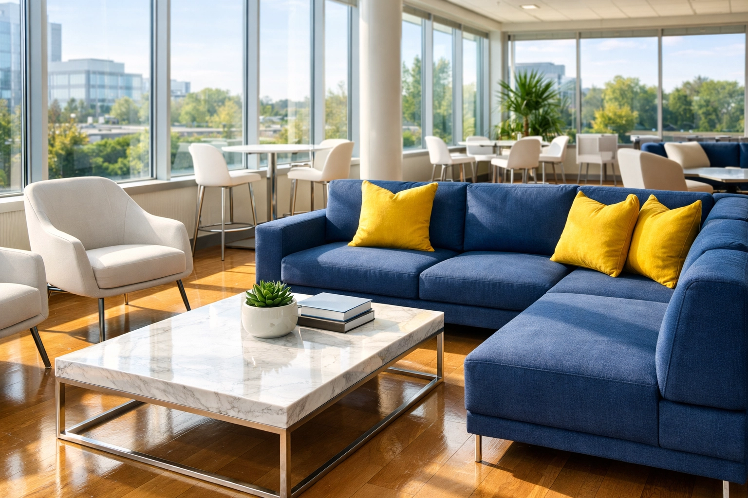 Clean corporate lounge in a Medford office building featuring spotless floors and sanitized furniture.