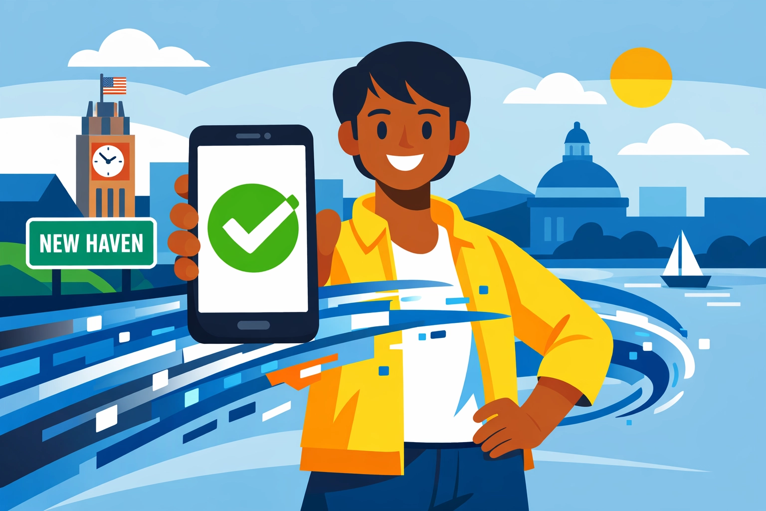 Digital illustration of a New Haven resident using a smartphone for fast direct deposit and tax updates.