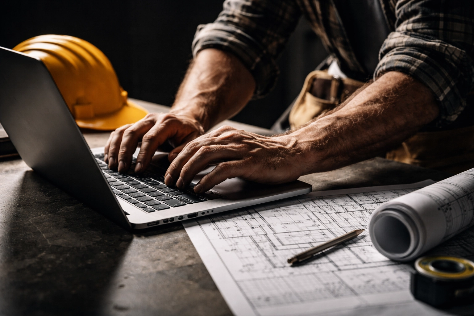 Close-up of a builder's hands typing on a laptop beside architectural plans, spotlighting digital strategy for Brisbane construction businesses.