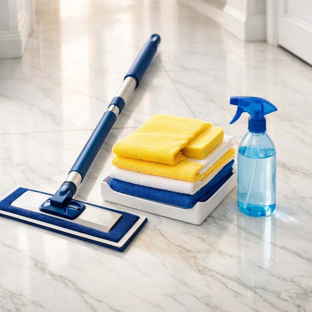 Essential baseboard cleaning tools including a microfiber mop and spray bottle on a marble floor.