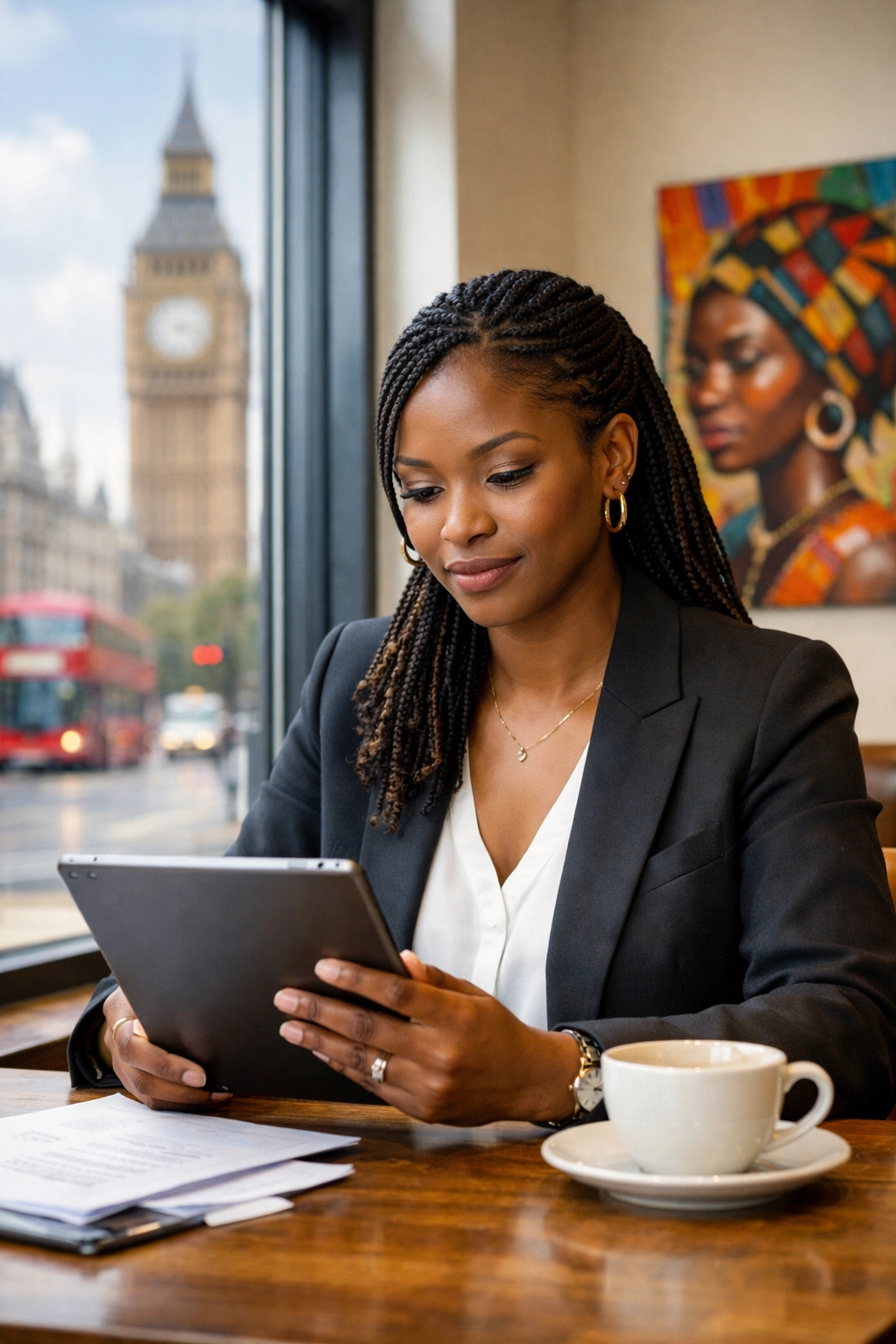 A professional woman of West African heritage reviewing global HR documents on a tablet in London.