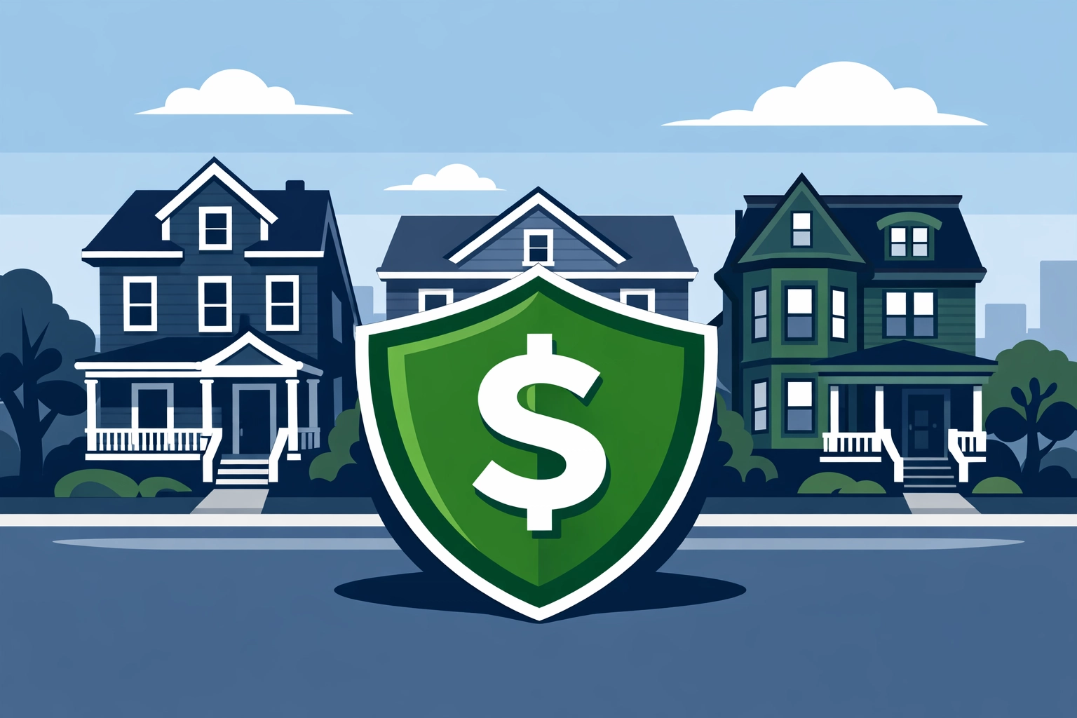 Illustration of New Haven homes protected by a shield representing the increased SALT deduction cap.