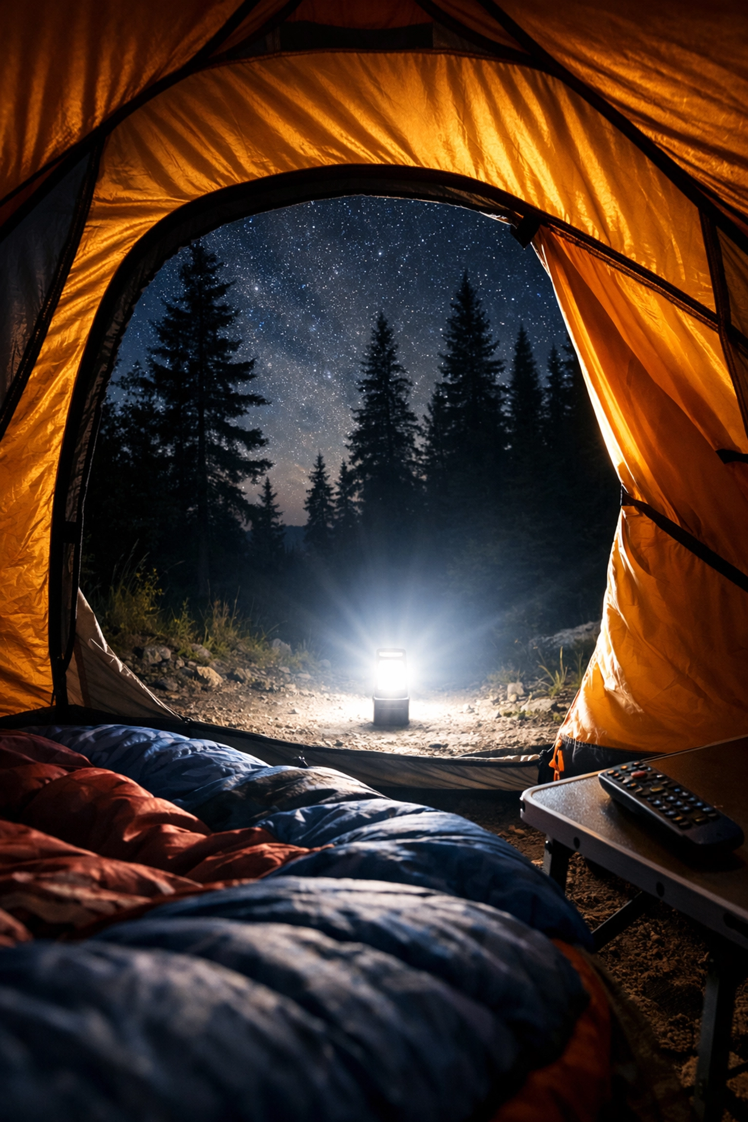 Remote-controlled LED flashlight illuminating camping tent from outside at night