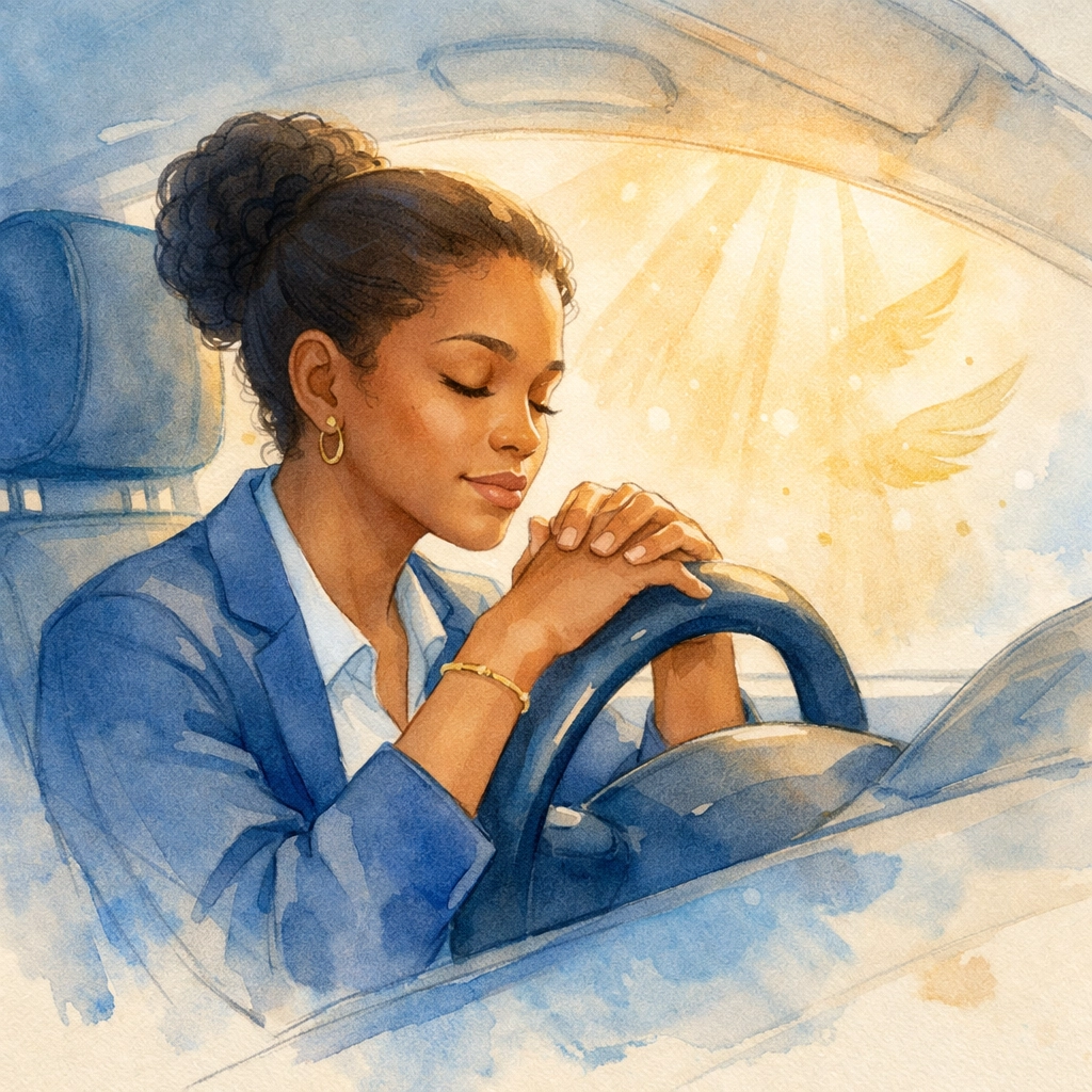 Woman praying in car during lunch break for spiritual reset