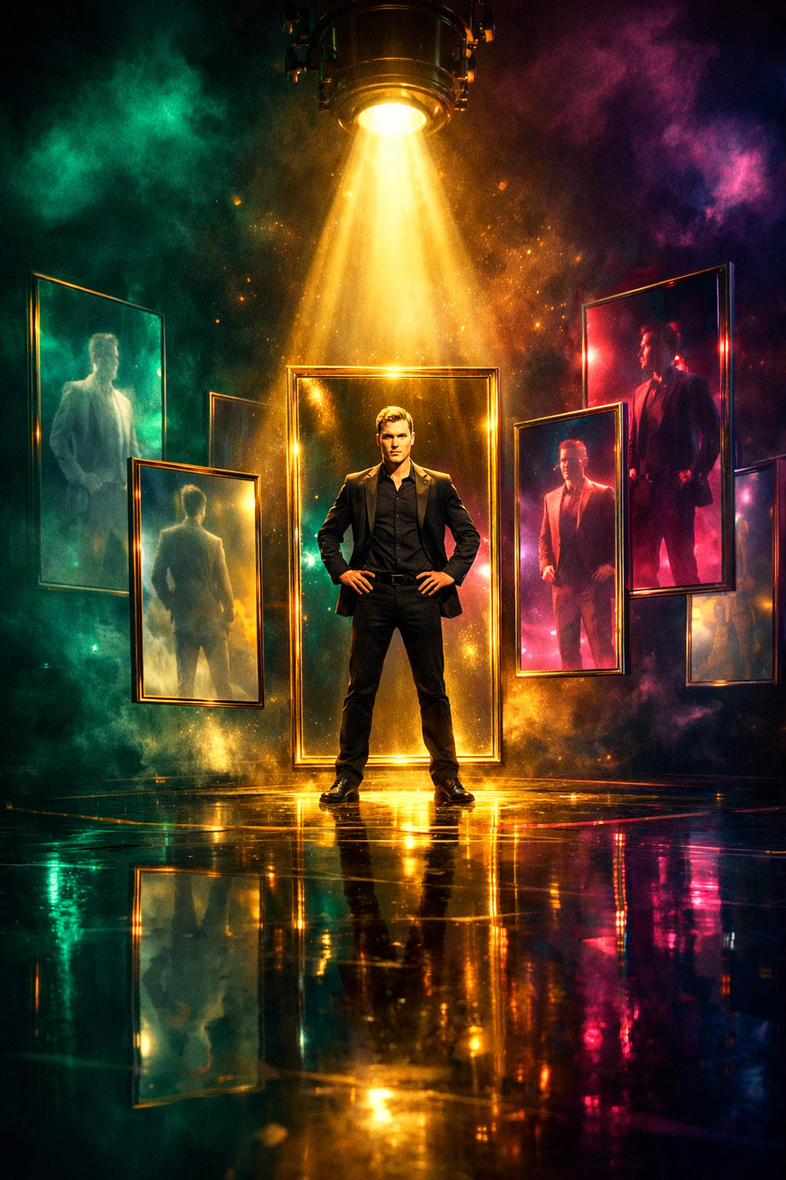 Single person surrounded by mirrors reflecting authentic self versus potential in dating