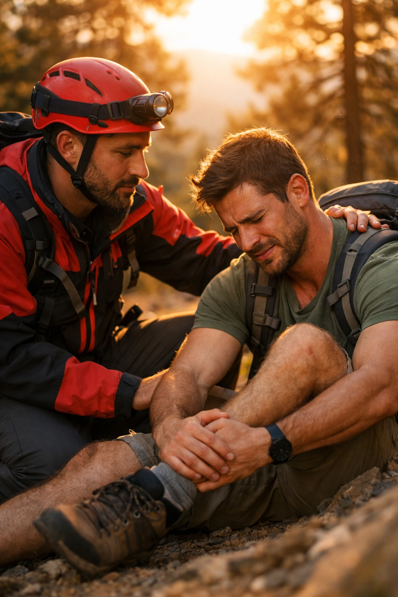 Mountain rescue volunteer provides first aid to injured hiker in MM romance hurt comfort scene