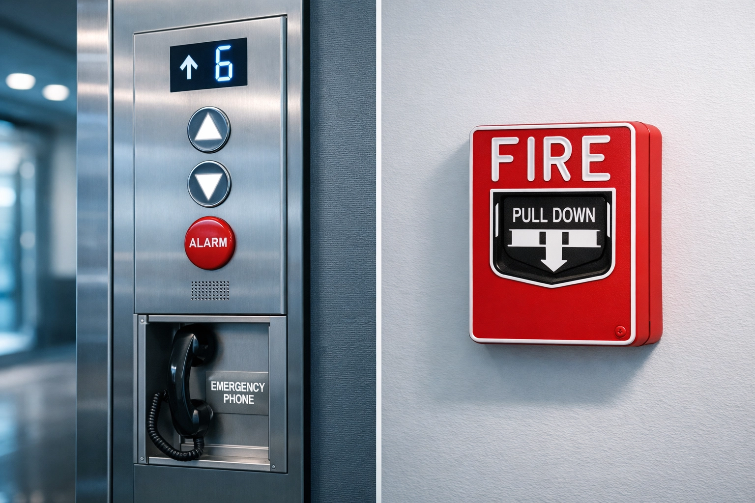 Elevator control panel and fire alarm system in commercial building lobby showing NFPA 72 compliance requirements