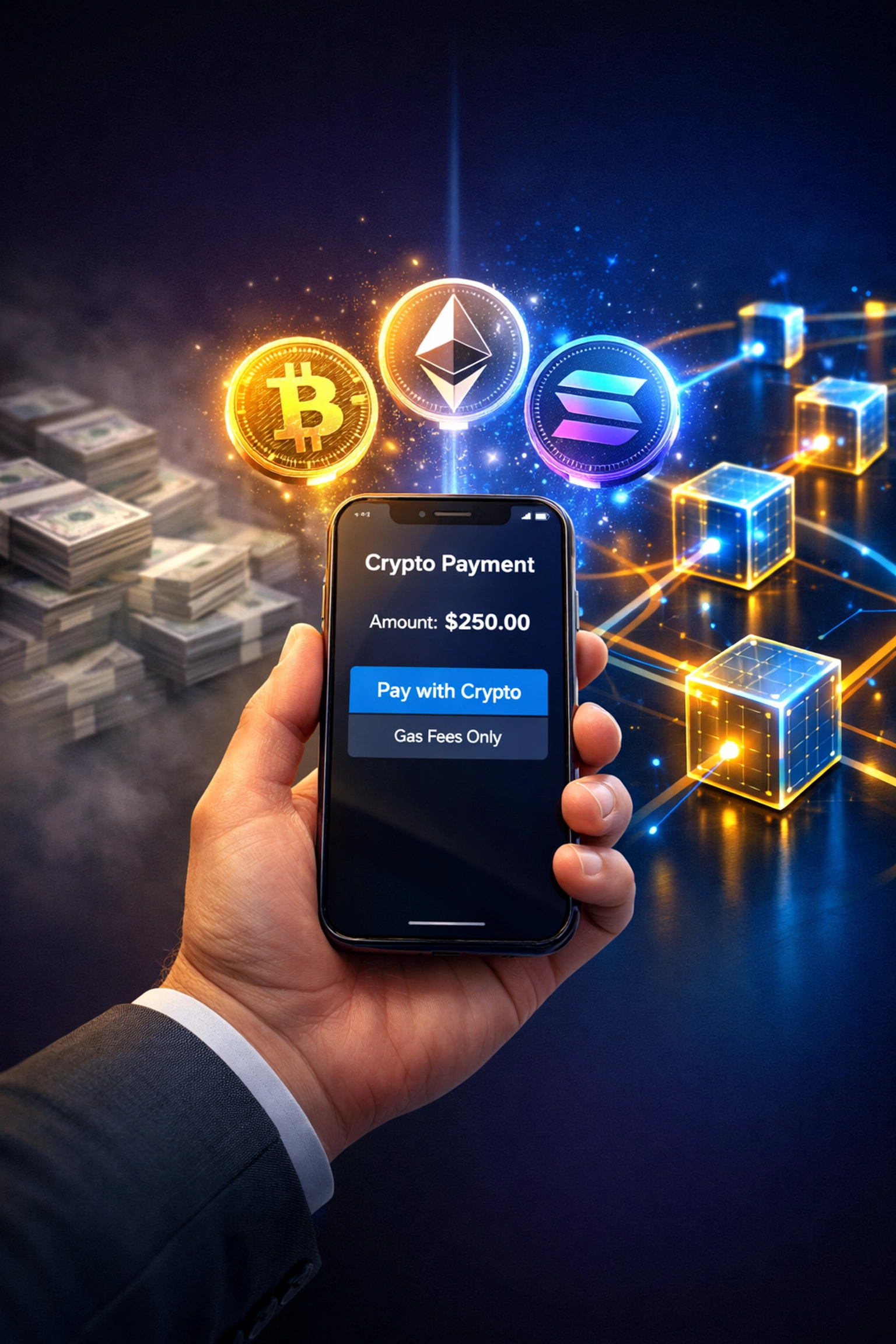 Merchant using smartphone for crypto payment with self-custody wallet and blockchain nodes