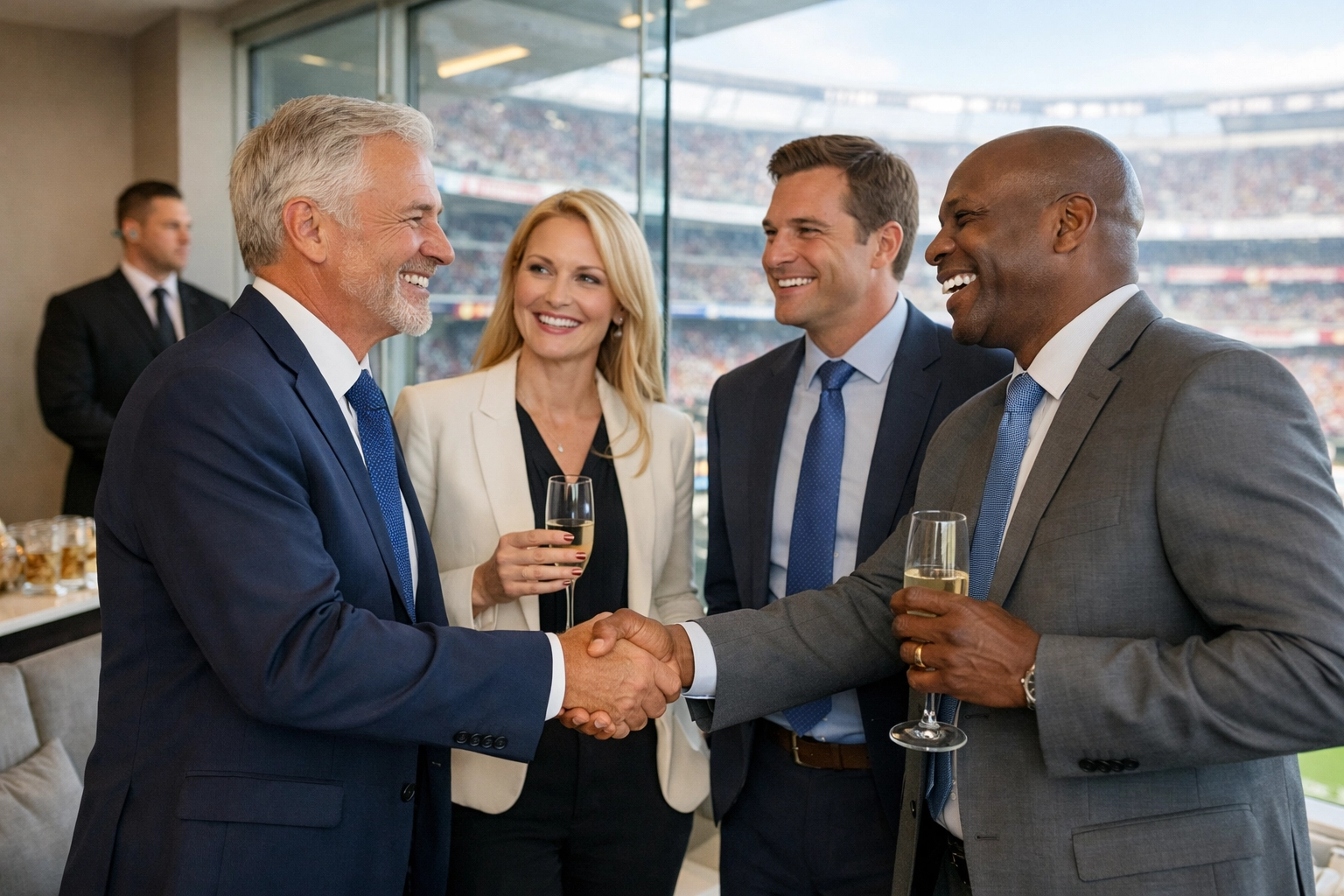 Executives networking safely in a luxury stadium skybox with discreet professional security.