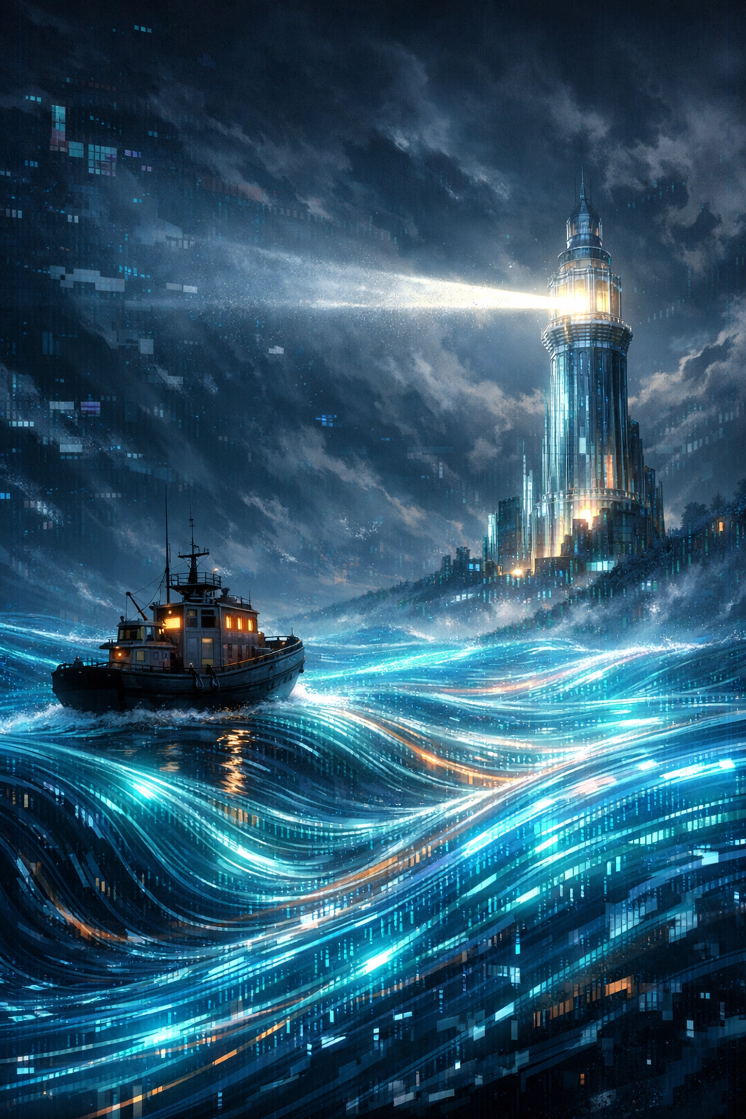 Ship navigating digital data streams guided by a lighthouse, representing strategic AI risk management.