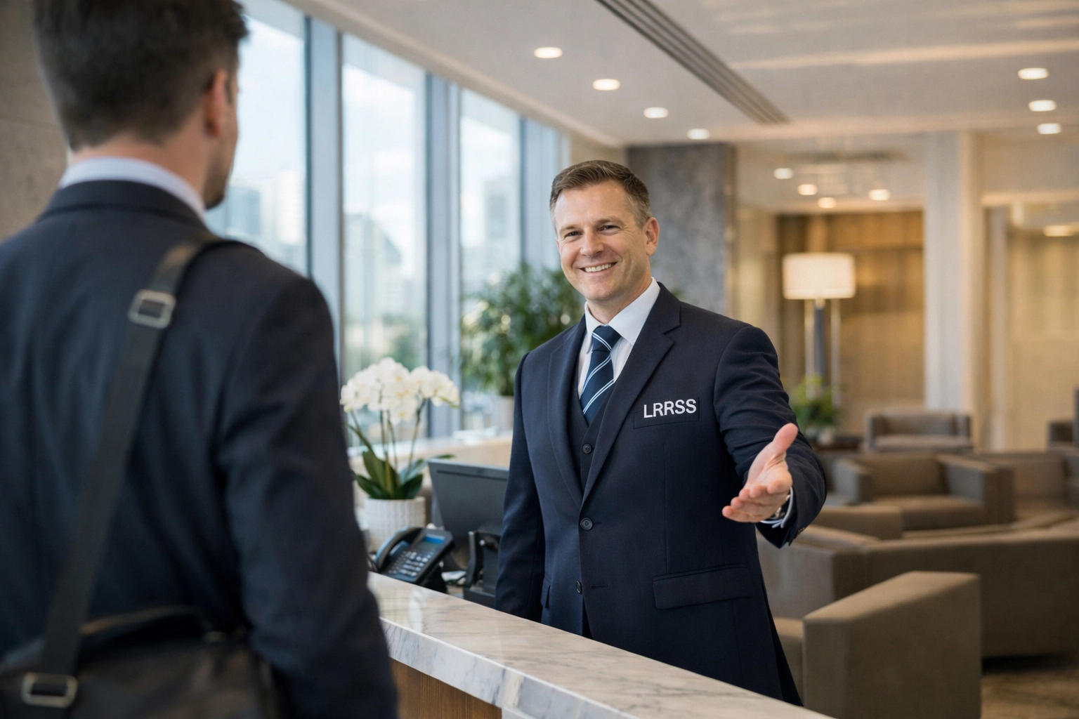 Professional concierge security officer welcoming visitor at London office building reception desk