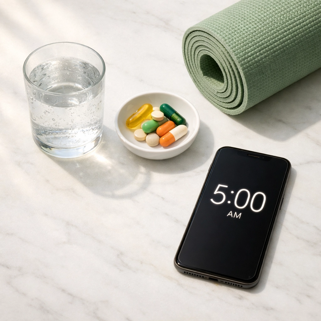 Morning wellness essentials: water, supplements, and yoga mat for a 5-minute routine
