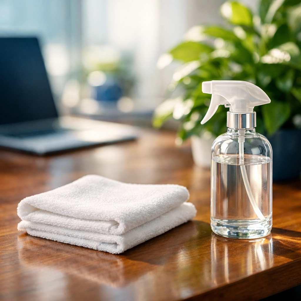 Eco-friendly office cleaning products and a microfiber cloth on a sanitized desk in Barre, MA.