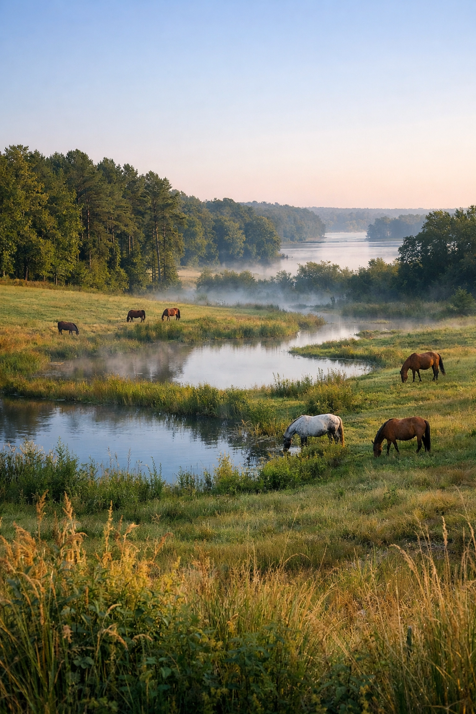 Horse farm pastures with natural wetlands near Lake Norman in Davidson area