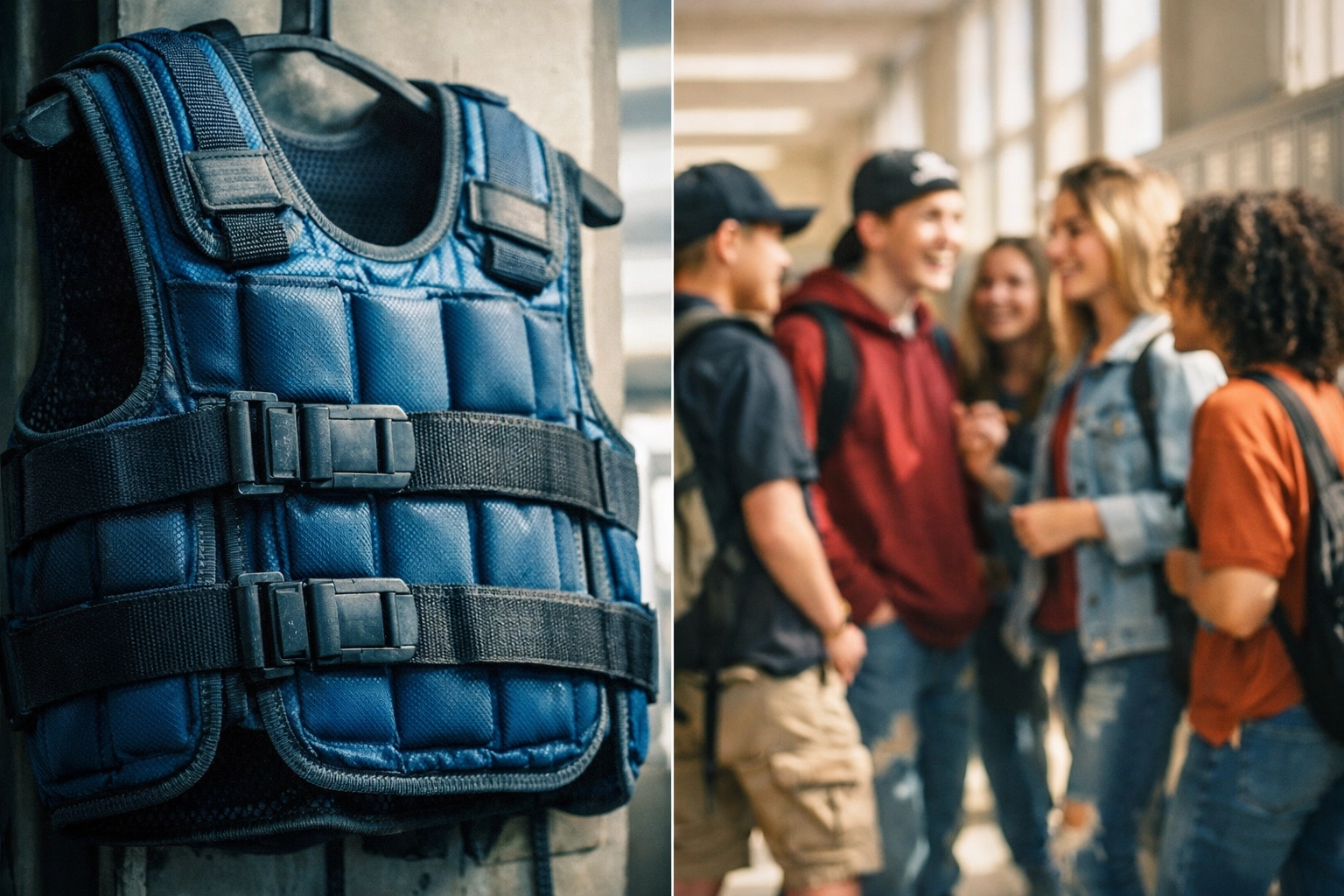 Bulky medical weighted vest contrasted with stylish school clothes in a hallway setting.