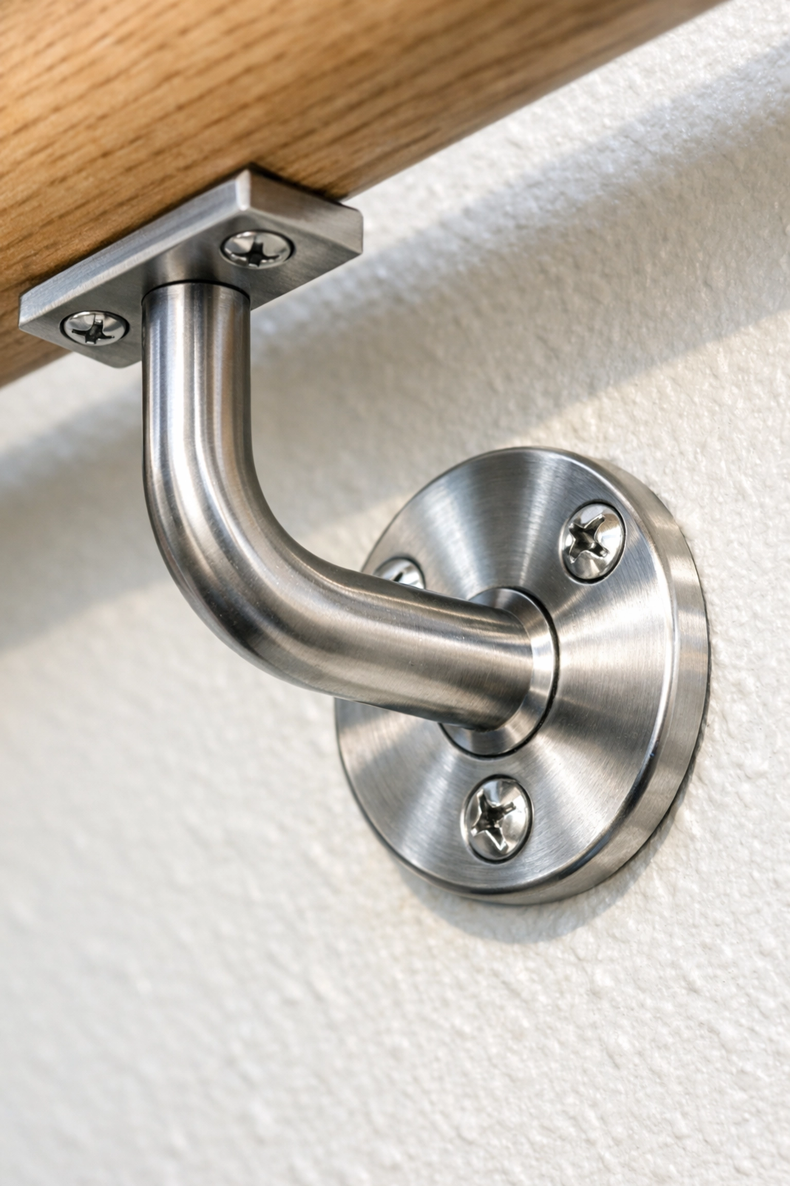 Close-up of a sturdy metal handrail bracket securely mounted to a wall for reliable stair support.