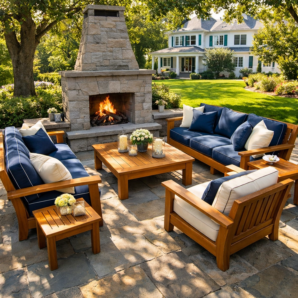 Outdoor patio cushion cleaning on a luxury stone terrace at a home in Greenwich CT.