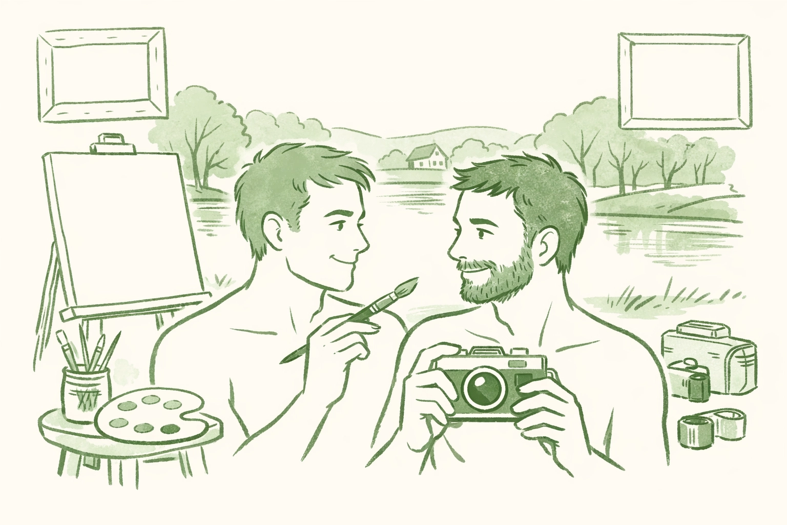 Bisexual artists connect at naturist retreat in England - MM romance quiet intimacy scene