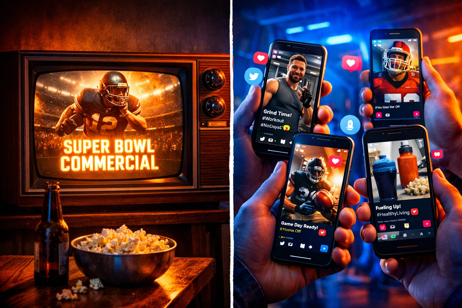 Traditional Super Bowl TV commercial versus modern NIL athlete social media marketing strategy