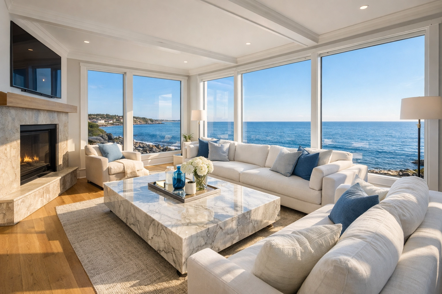 Pristine coastal living room in Swampscott with ocean views maintained by luxury house cleaning services.