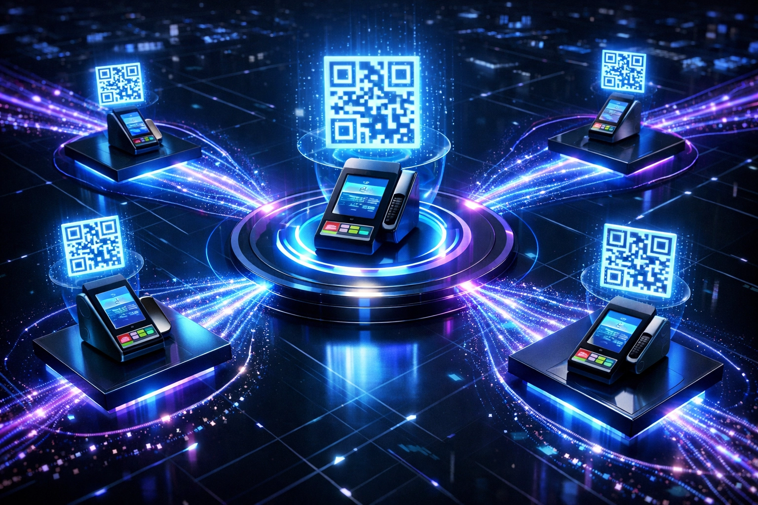Multi-location retail network with QR code POS terminals connected to central payment hub