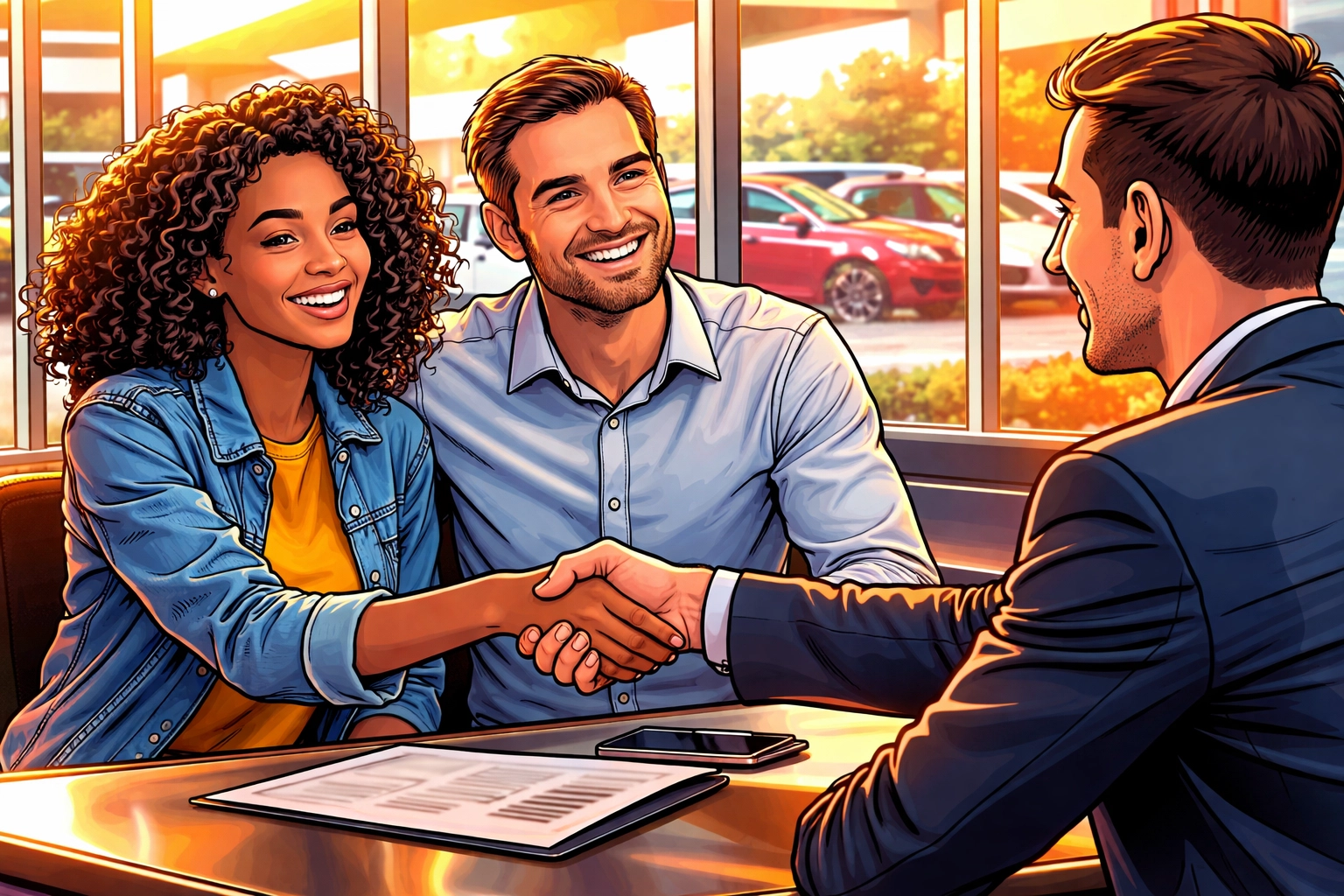 Couple finalizing bad credit car loan approval with friendly salesperson at Arnold dealership