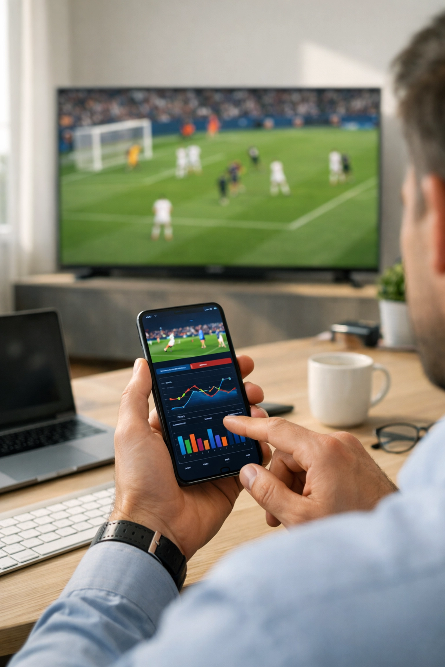 Using a smartphone for sports data analytics and digital media engagement in a modern home office.