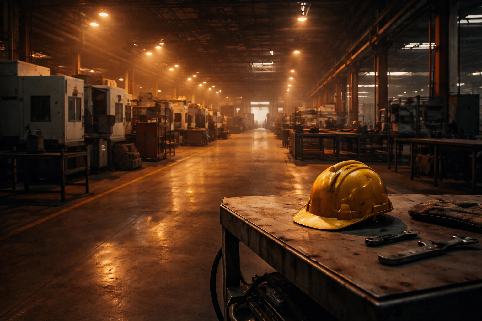 Empty manufacturing factory floor with idle machines and a hard hat, reflecting workforce shrinkage in US manufacturing 2025.