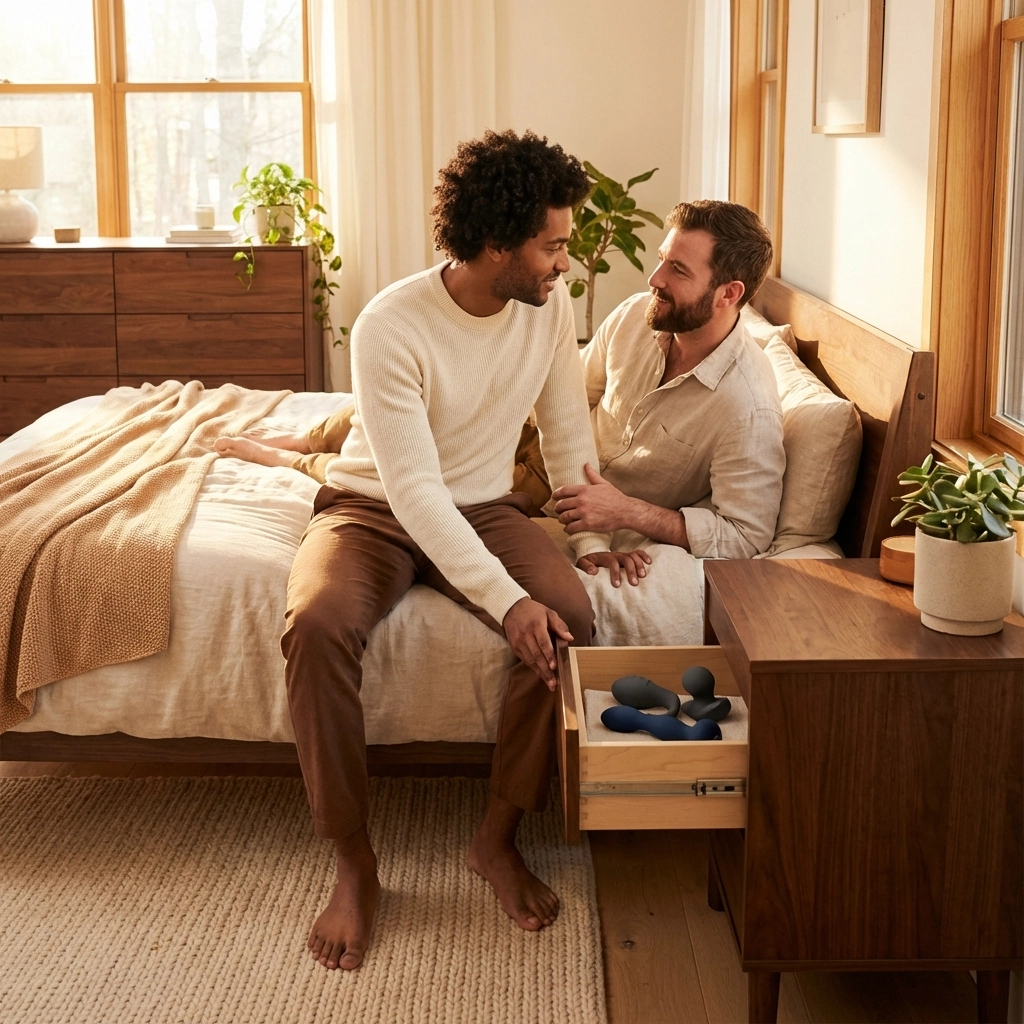 A diverse gay couple discovers high-quality silicone wellness products in their bedroom nightstand.