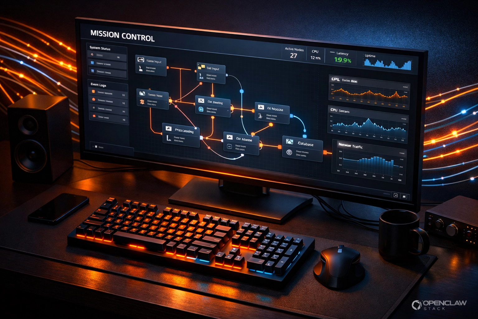Spun Web Claw UI dashboard displaying AI agent mission control with node-based automation flows.