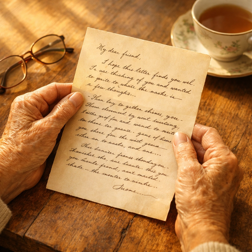 Senior reading handwritten pen pal letter with reading glasses and tea
