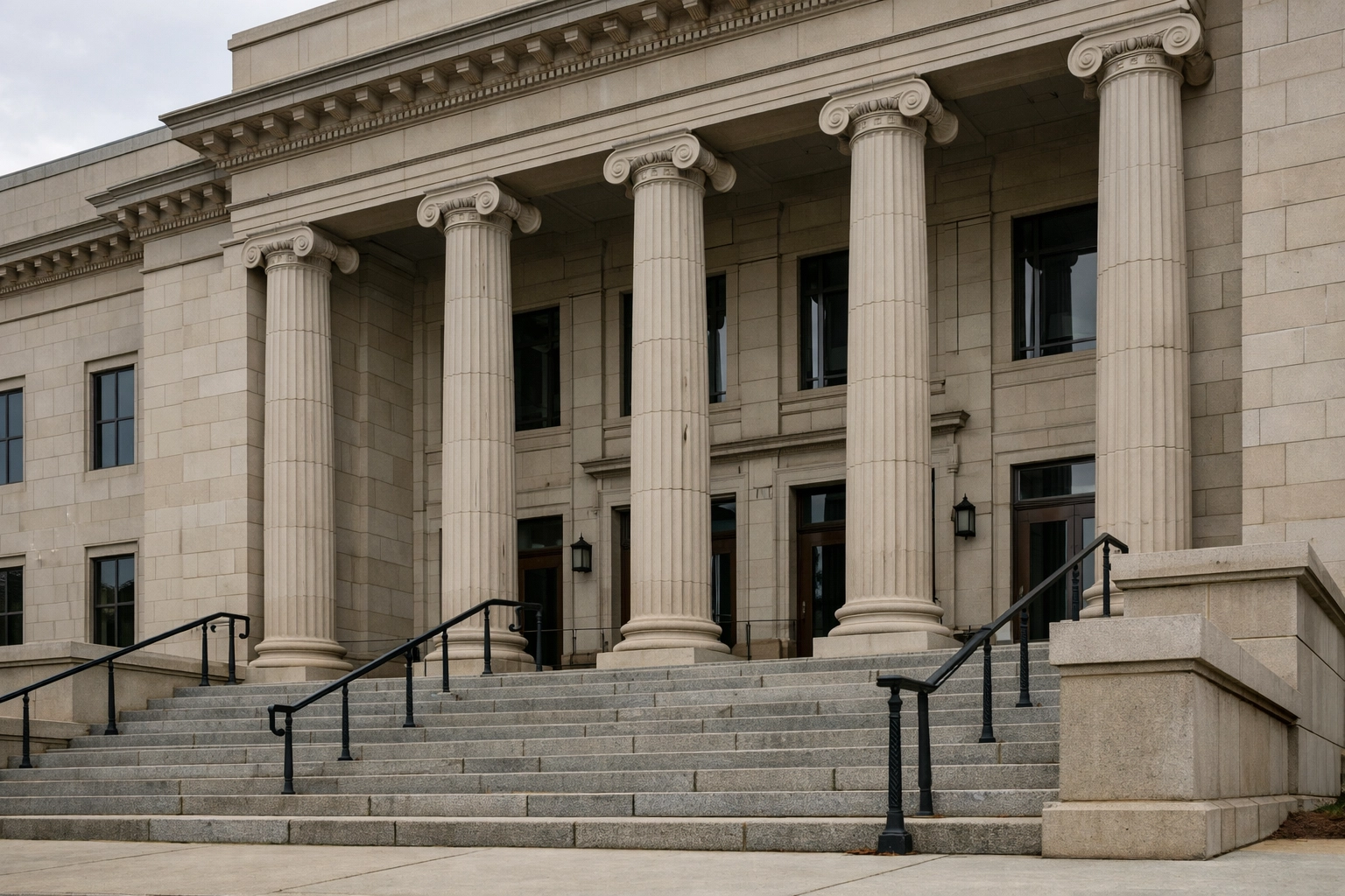 Virginia Circuit Court building columns and entry steps, no people