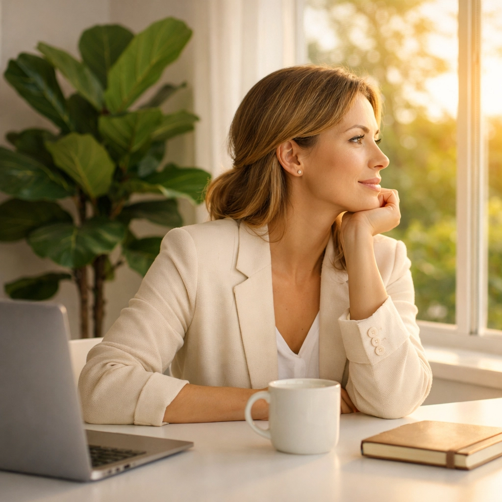 Christian woman leader reflecting in a bright office to prioritize her identity in Christ and avoid burnout.