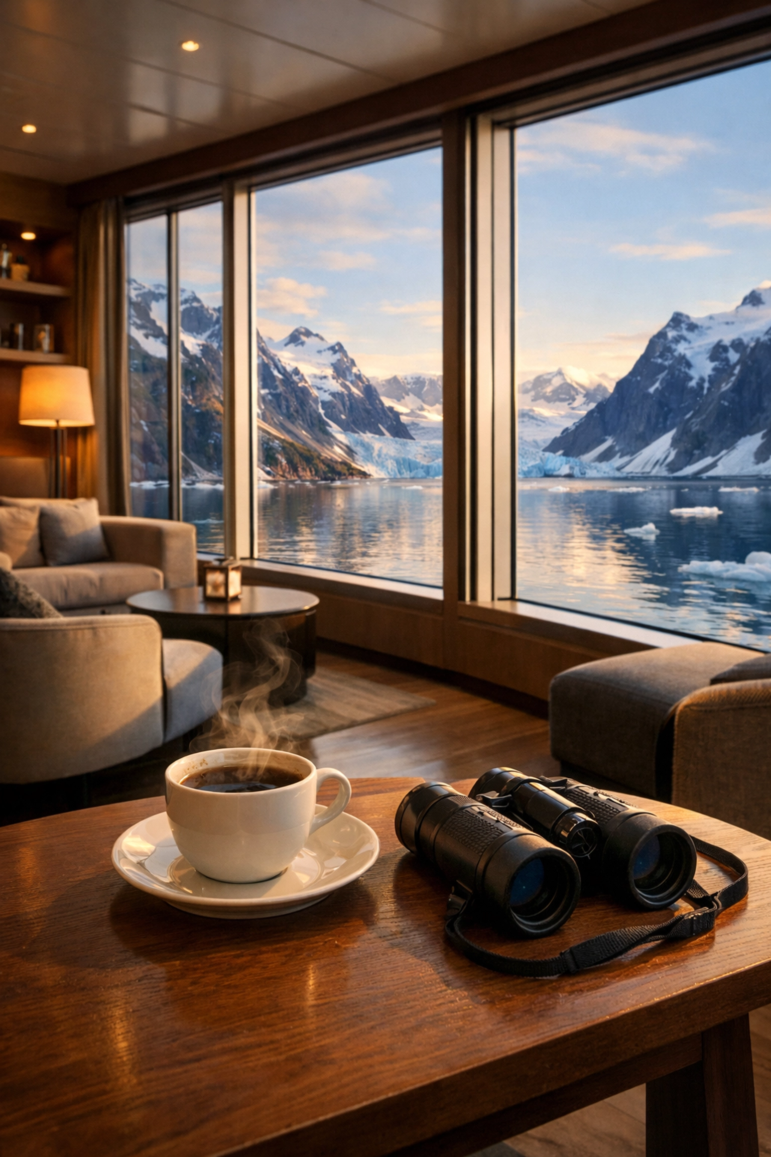 The minimalist luxury lounge of an Arctic expedition ship with a view of frozen coastal fjords.