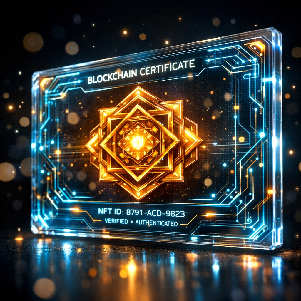 Secure holographic NFT receipt providing immutable blockchain proof for crypto merchant transactions.