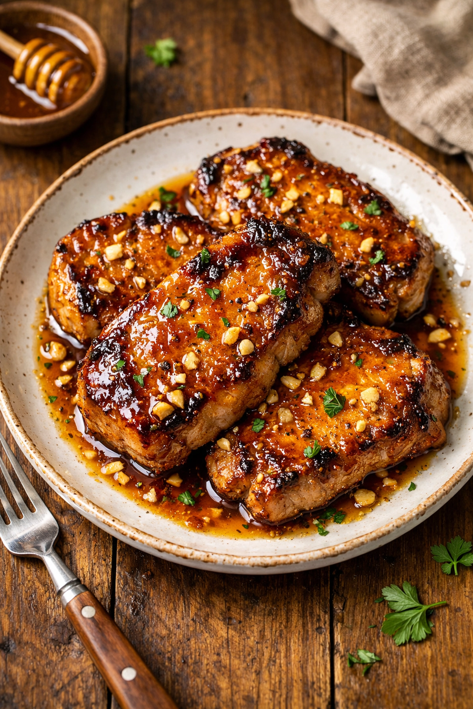 Golden-brown honey garlic pork chops with glaze - easy 5-ingredient weeknight dinner