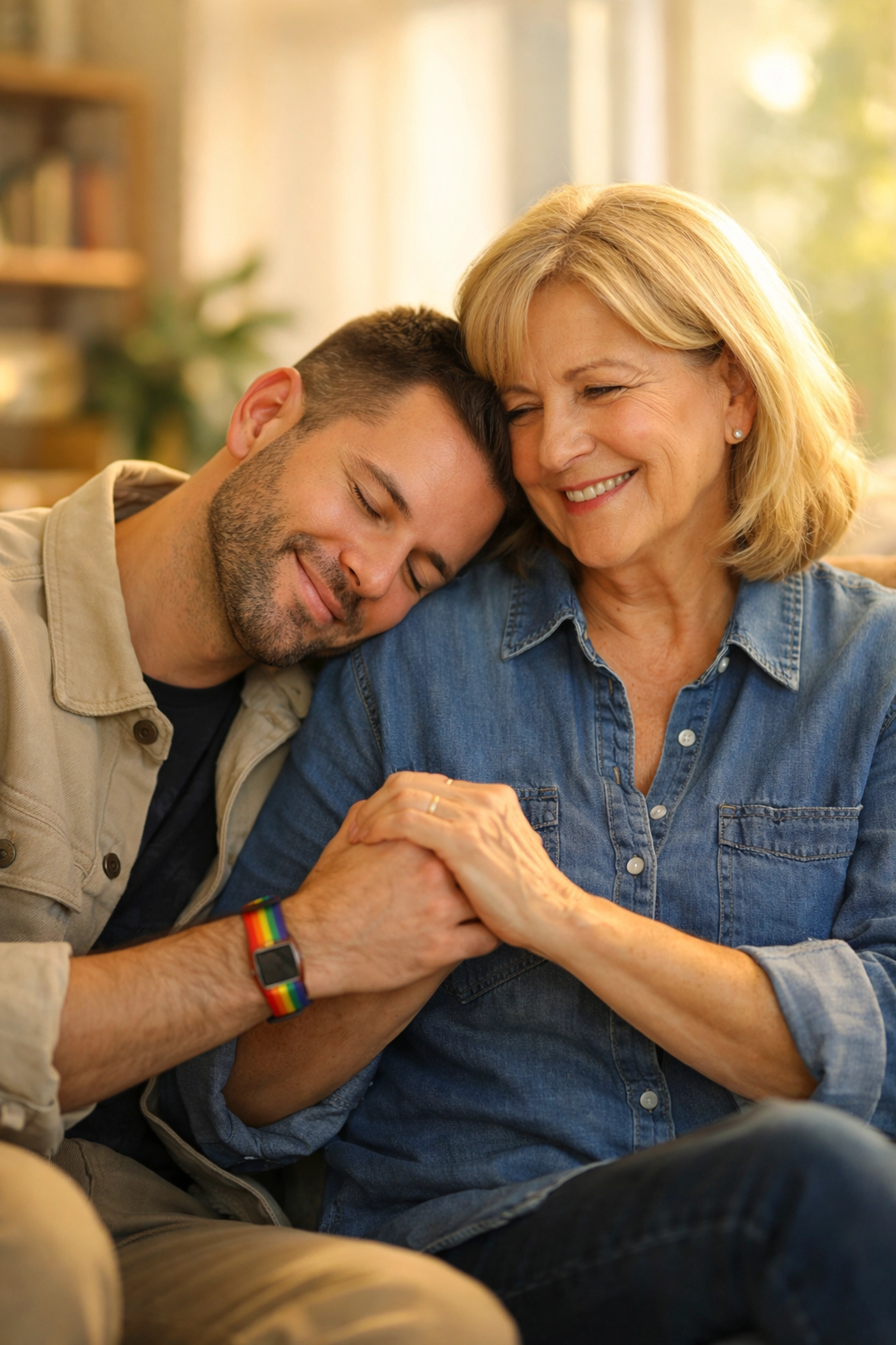 A supportive mother and her adult gay son sharing a tender moment of unconditional love in a sunlit home.